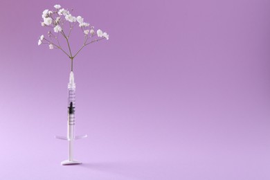 Photo of Cosmetology. Medical syringe and gypsophila on violet background, space for text