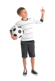 Photo of Adorable little boy with soccer ball on white background