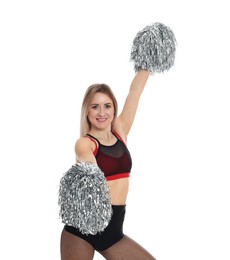 Photo of Beautiful cheerleader in costume holding pom poms on white background