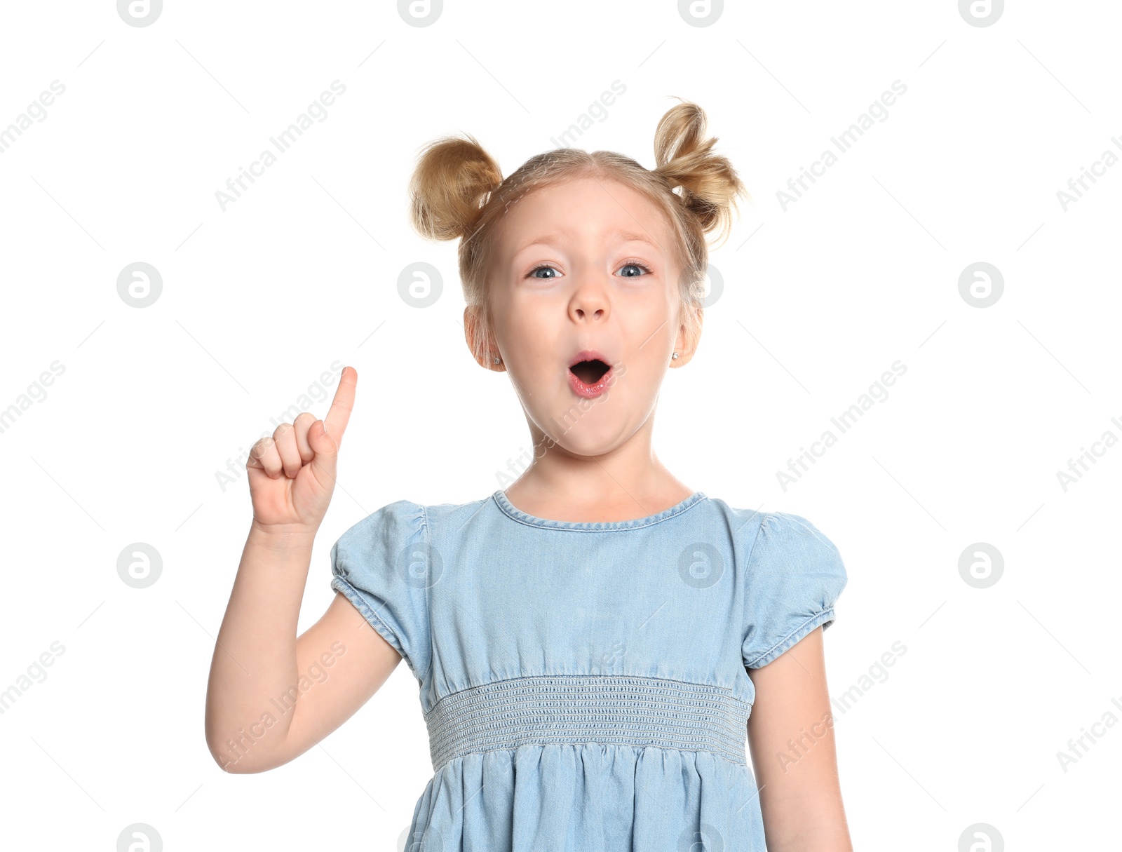 Photo of Portrait of cute little girl on white background