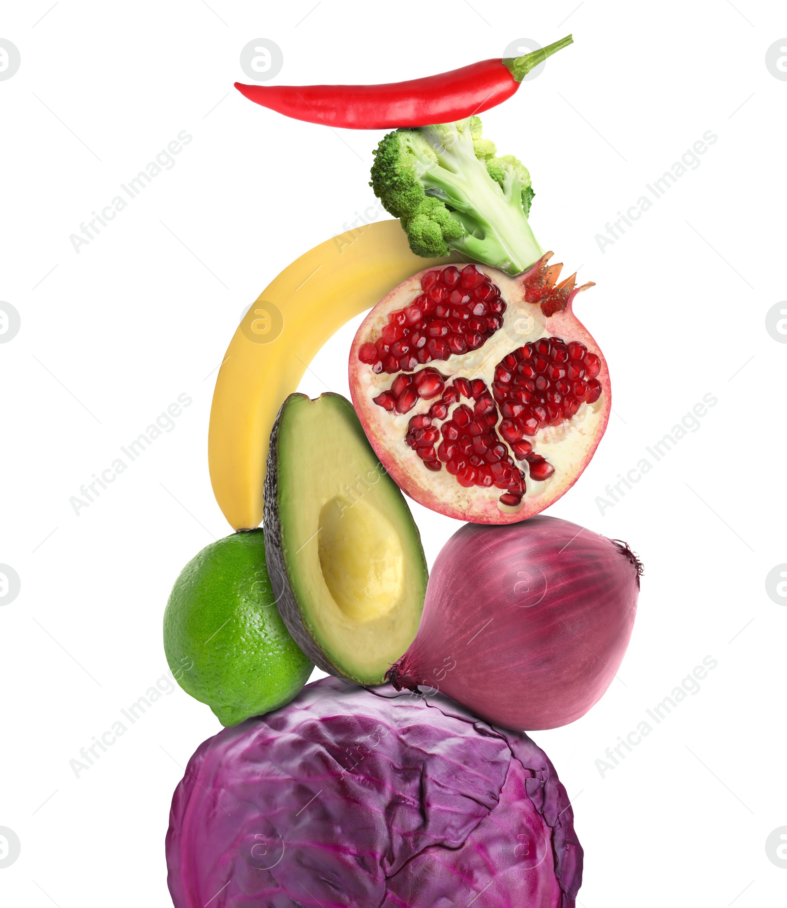 Image of Stack of different vegetables and fruits isolated on white