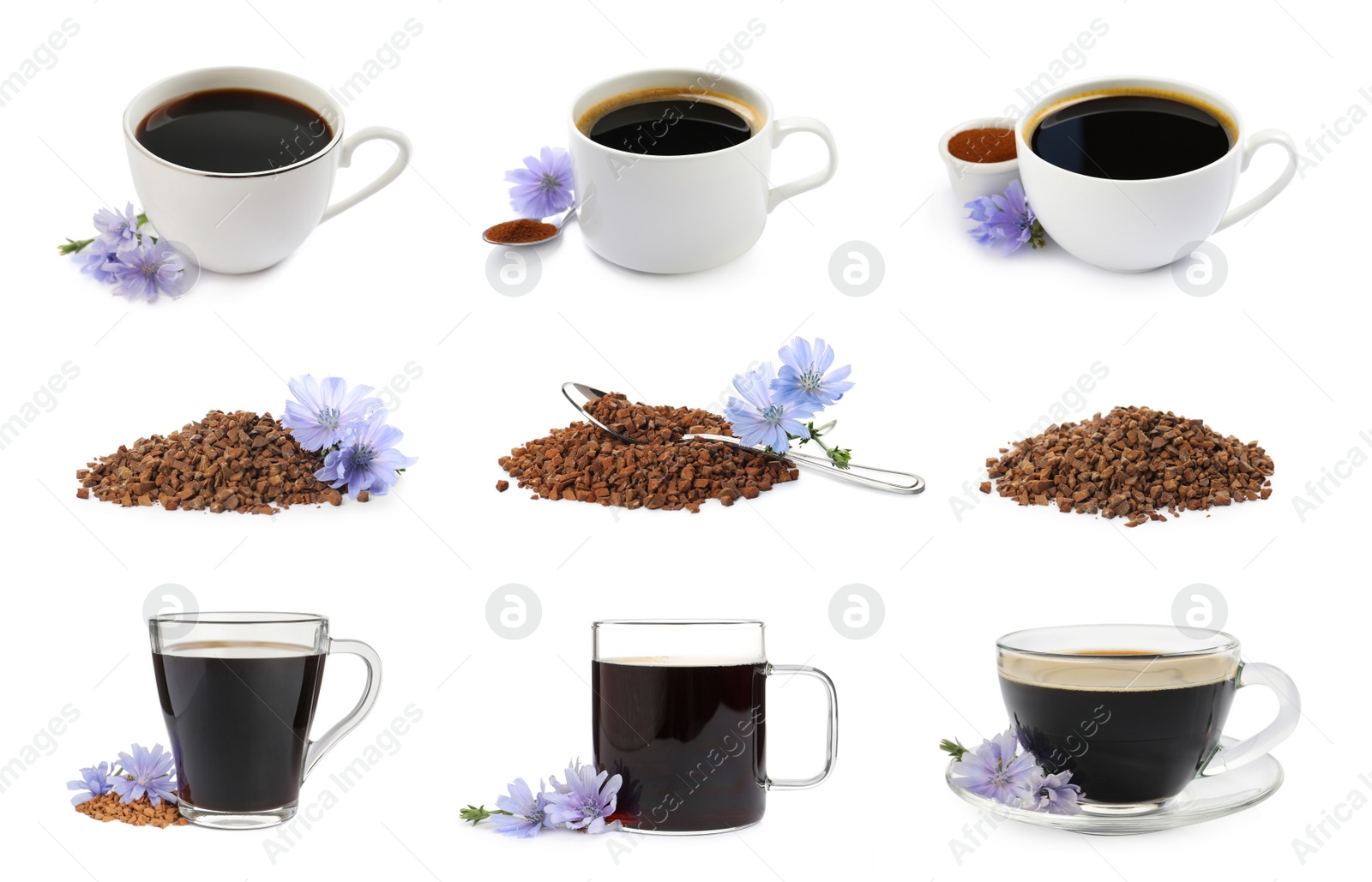 Image of Set with chicory drink and granules on white background 