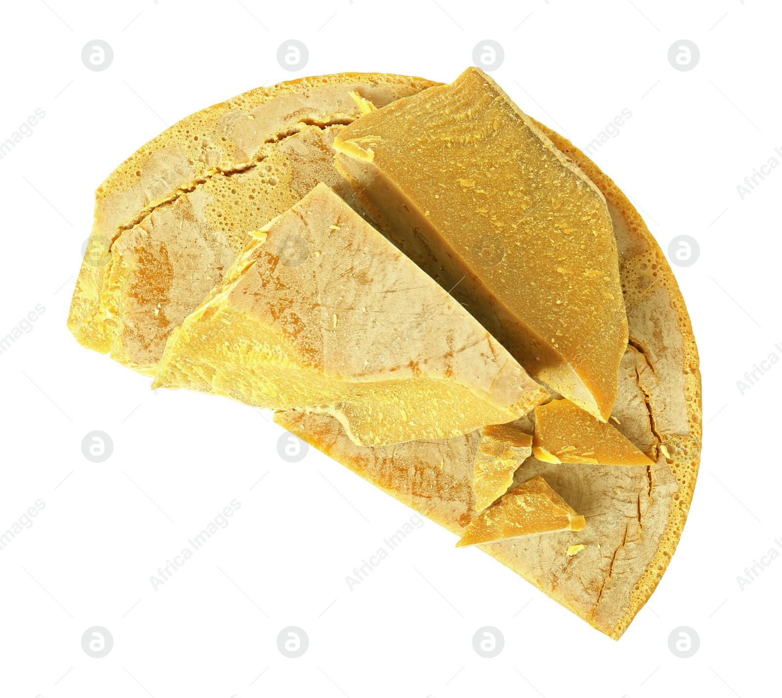 Photo of Natural organic beeswax blocks isolated on white, top view