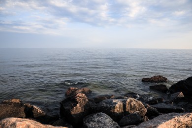 Beautiful view of rocky beach and calm sea