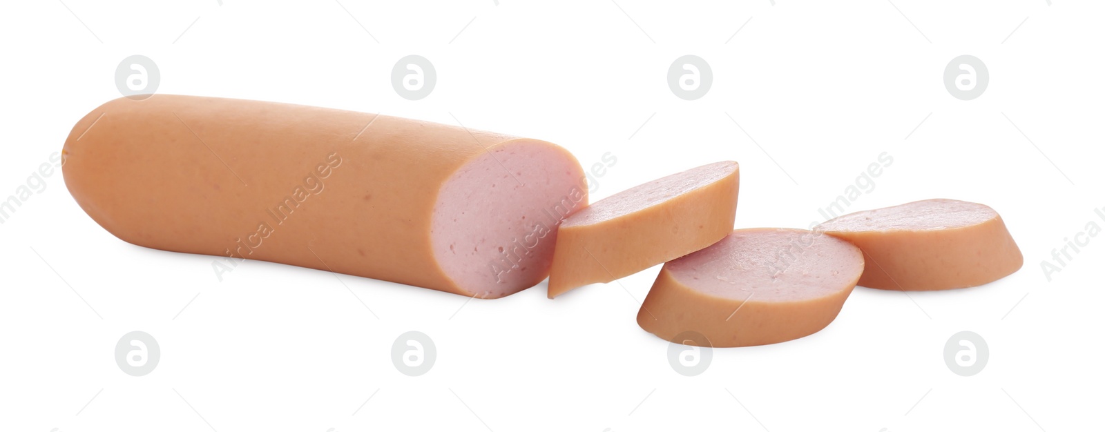 Photo of Cut fresh sausage on white background. Meat product