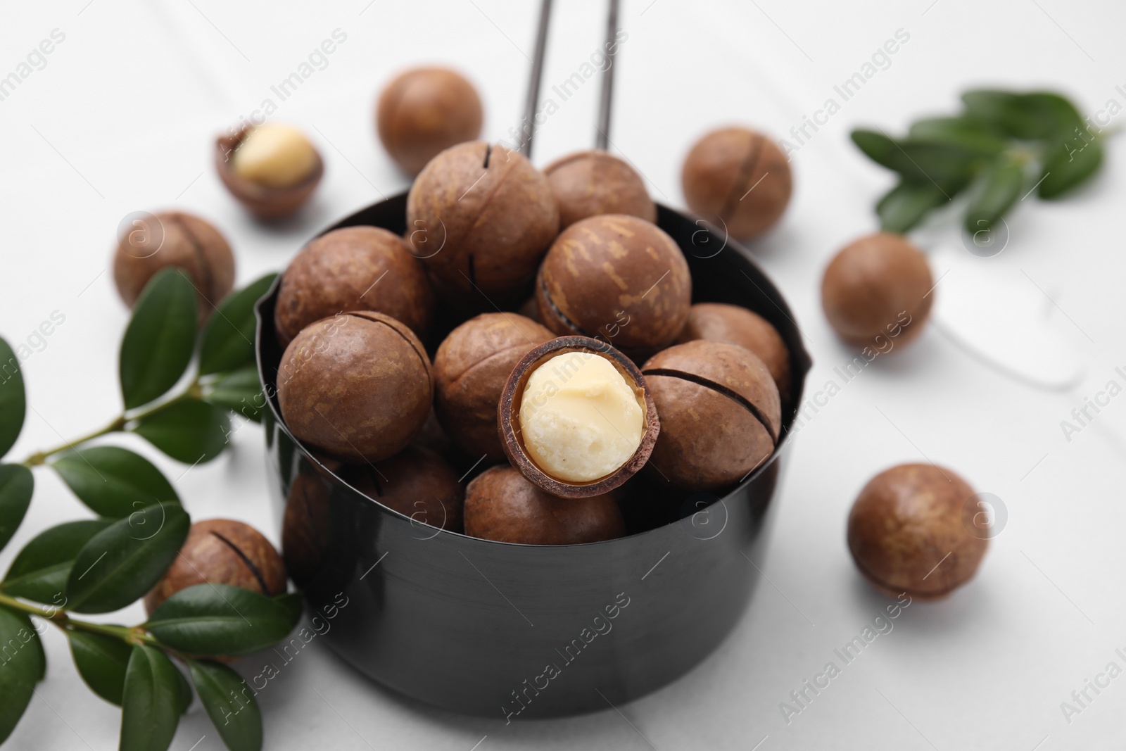 Photo of Tasty Macadamia nuts and green twigs on white table, closeup