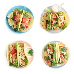 Image of Set of delicious fresh fish tacos on white background, top view