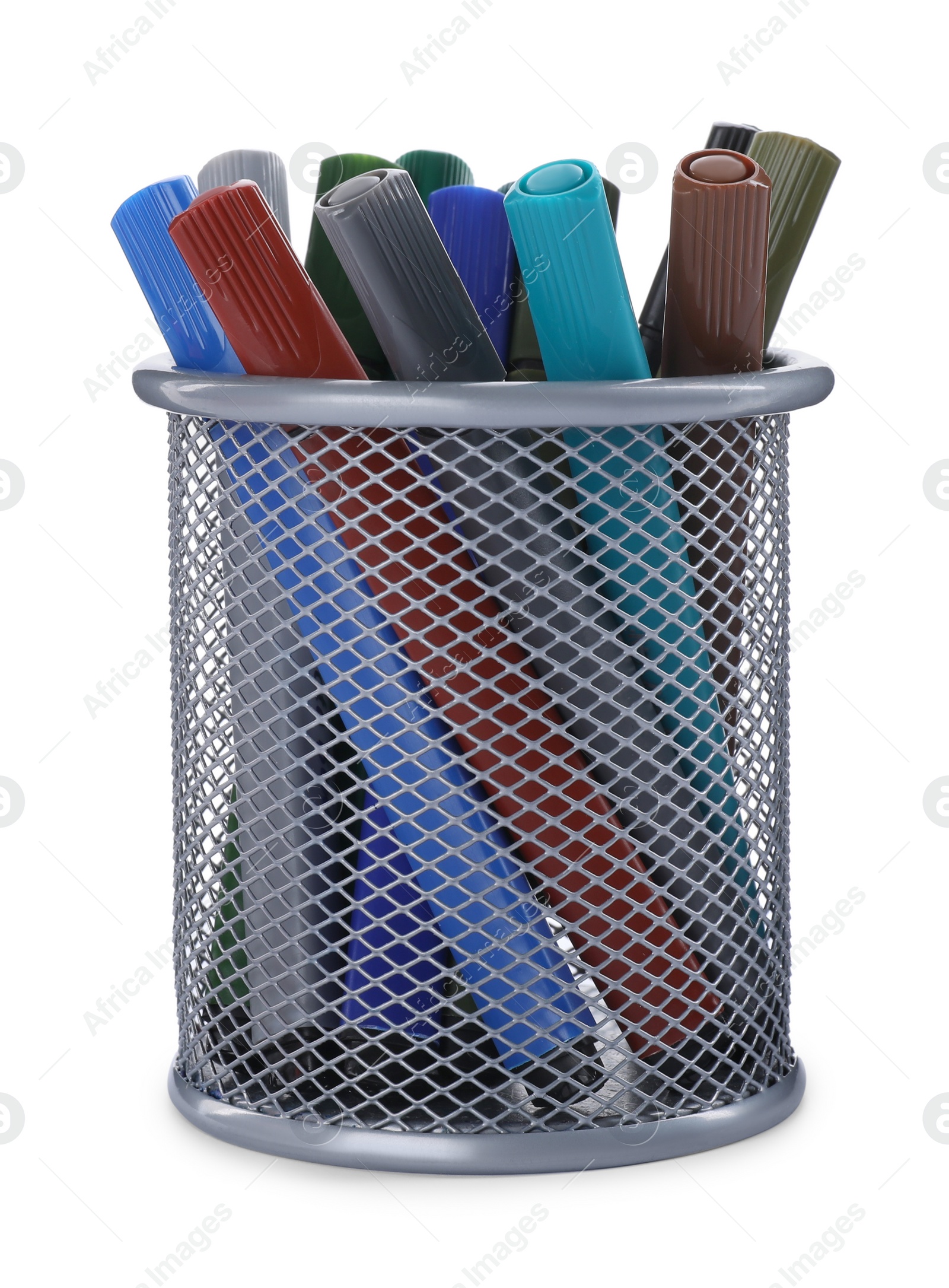 Photo of Many colorful markers in holder on white background