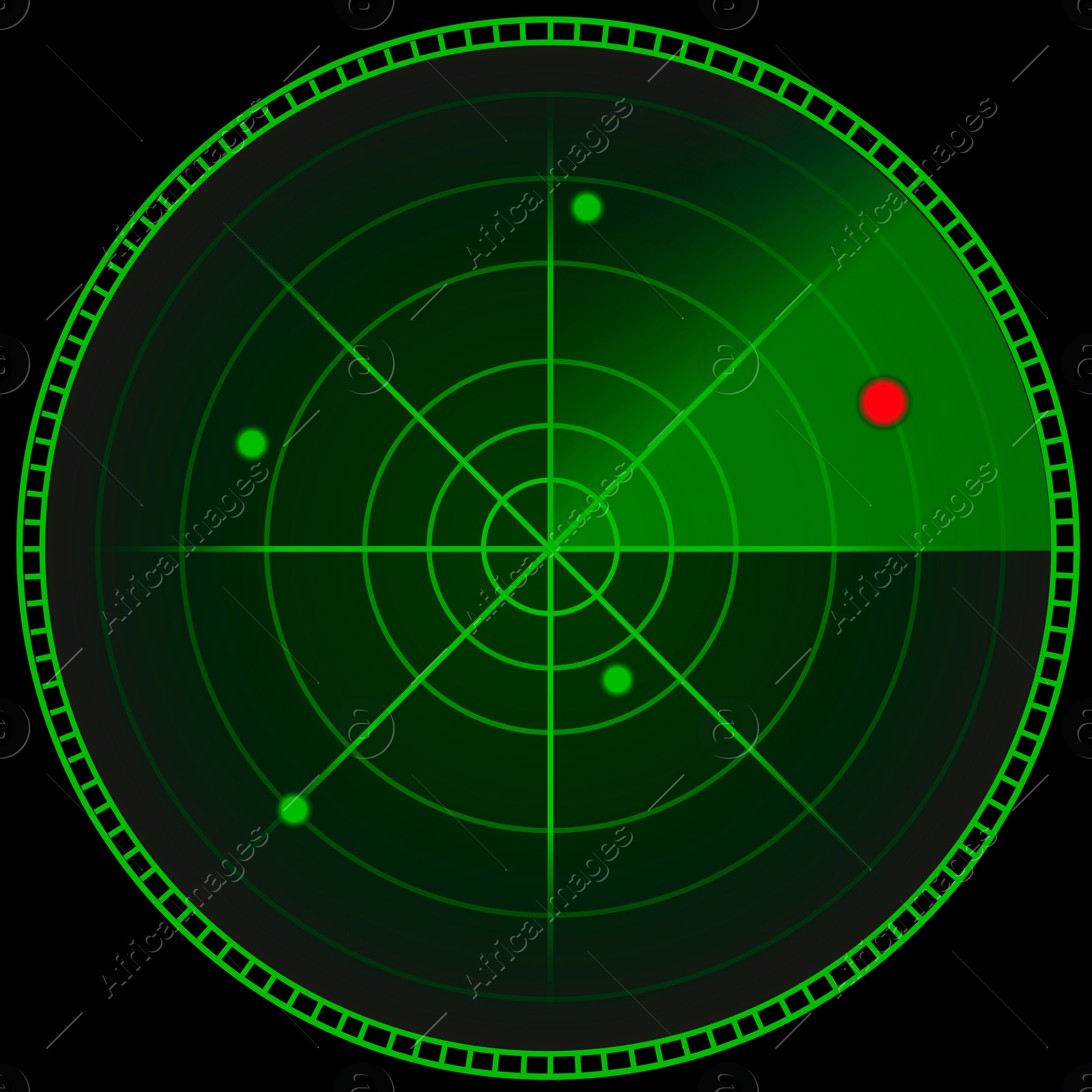 Image of Unidentified flying object. Radar screen showing red spot among green ones, illustration