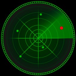 Unidentified flying object. Radar screen showing red spot among green ones, illustration