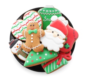 Delicious gingerbread Christmas cookies on white background, top view