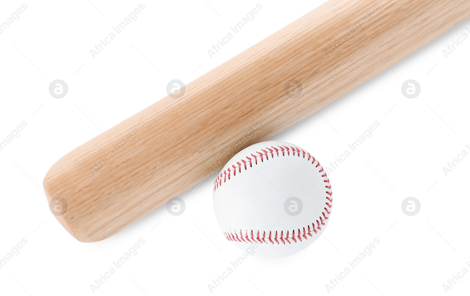 Photo of Wooden baseball bat and ball on white background, top view. Sports equipment