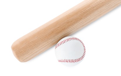 Photo of Wooden baseball bat and ball on white background, top view. Sports equipment