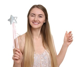 Photo of Beautiful girl in fairy costume with magic wand winking on white background