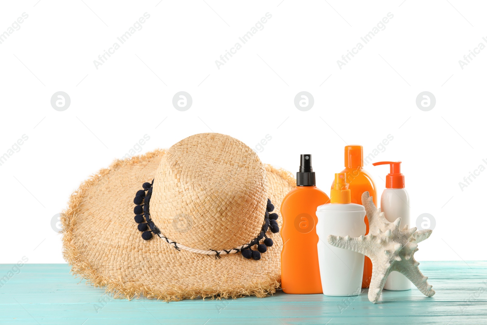 Photo of Composition with sun protection products on white background. Body care