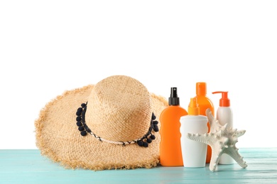 Photo of Composition with sun protection products on white background. Body care