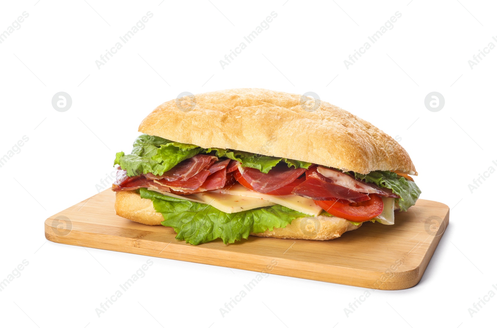 Photo of Delicious sandwich with fresh vegetables and prosciutto isolated on white