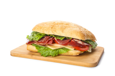 Photo of Delicious sandwich with fresh vegetables and prosciutto isolated on white