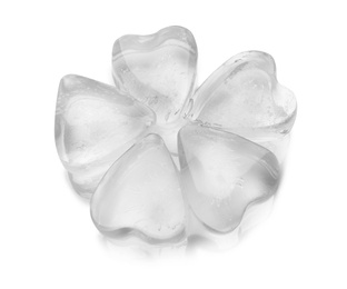 Photo of Heart shaped ice cubes on white background
