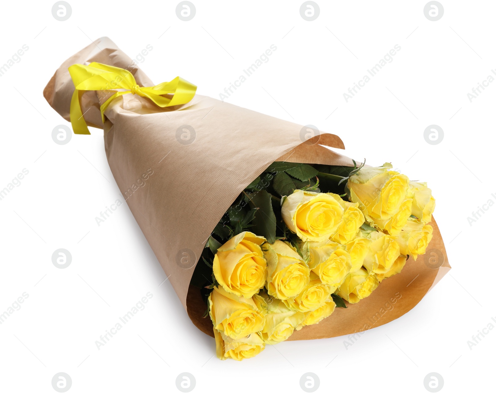 Photo of Beautiful bouquet of yellow roses with ribbon isolated on white