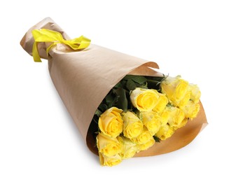 Photo of Beautiful bouquet of yellow roses with ribbon isolated on white