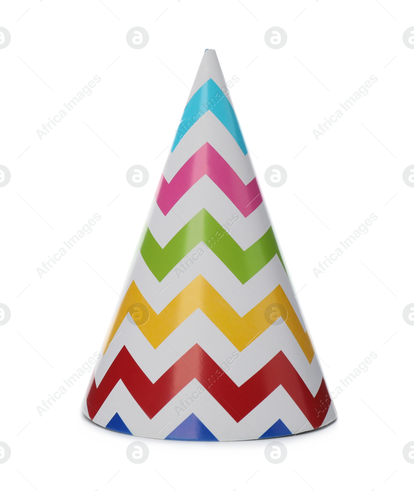 Photo of Bright party hat isolated on white. Festive accessory