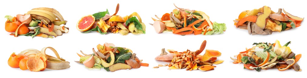 Image of Set with organic waste for composting on white background. Banner design