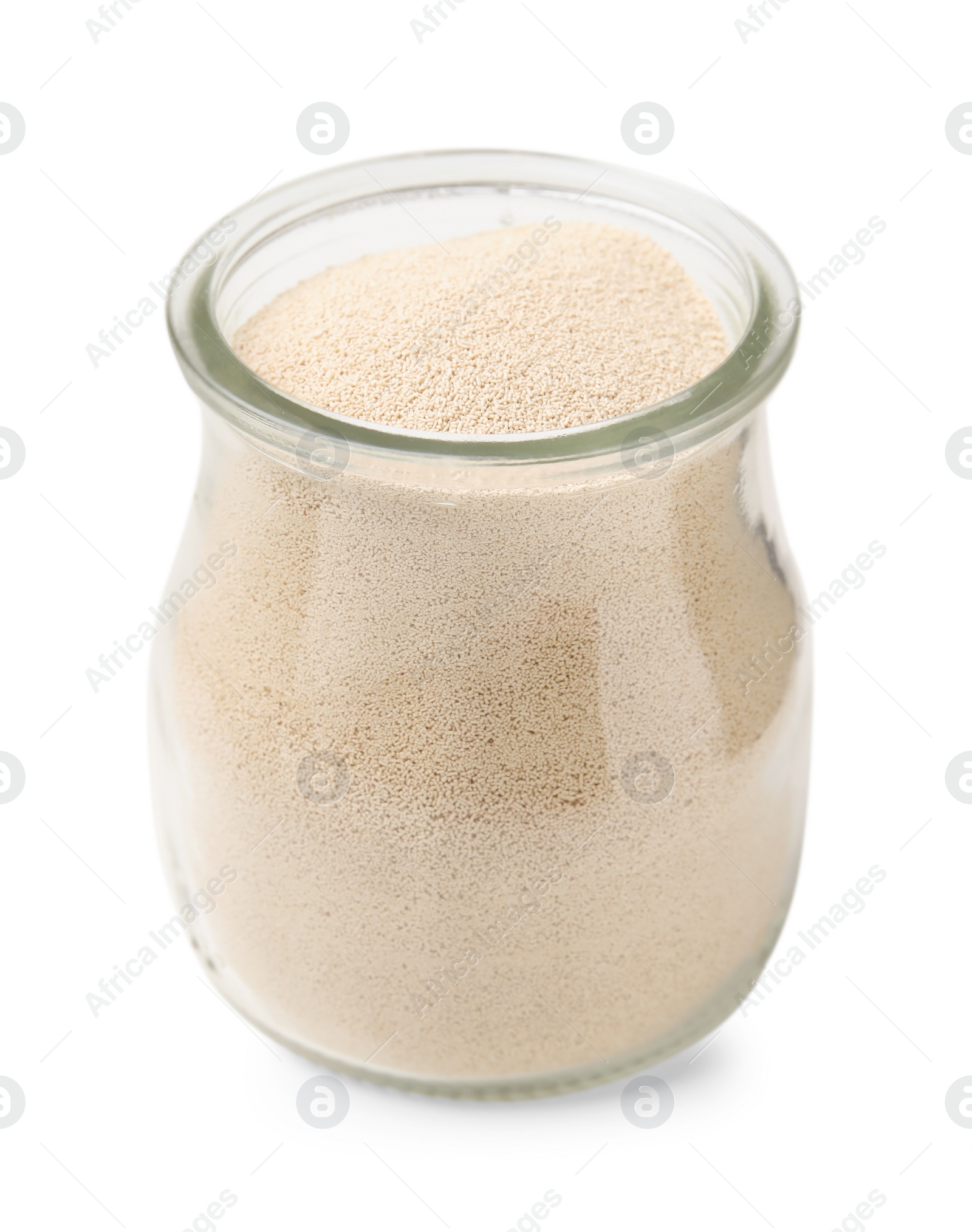 Photo of Granulated yeast in glass jar isolated on white