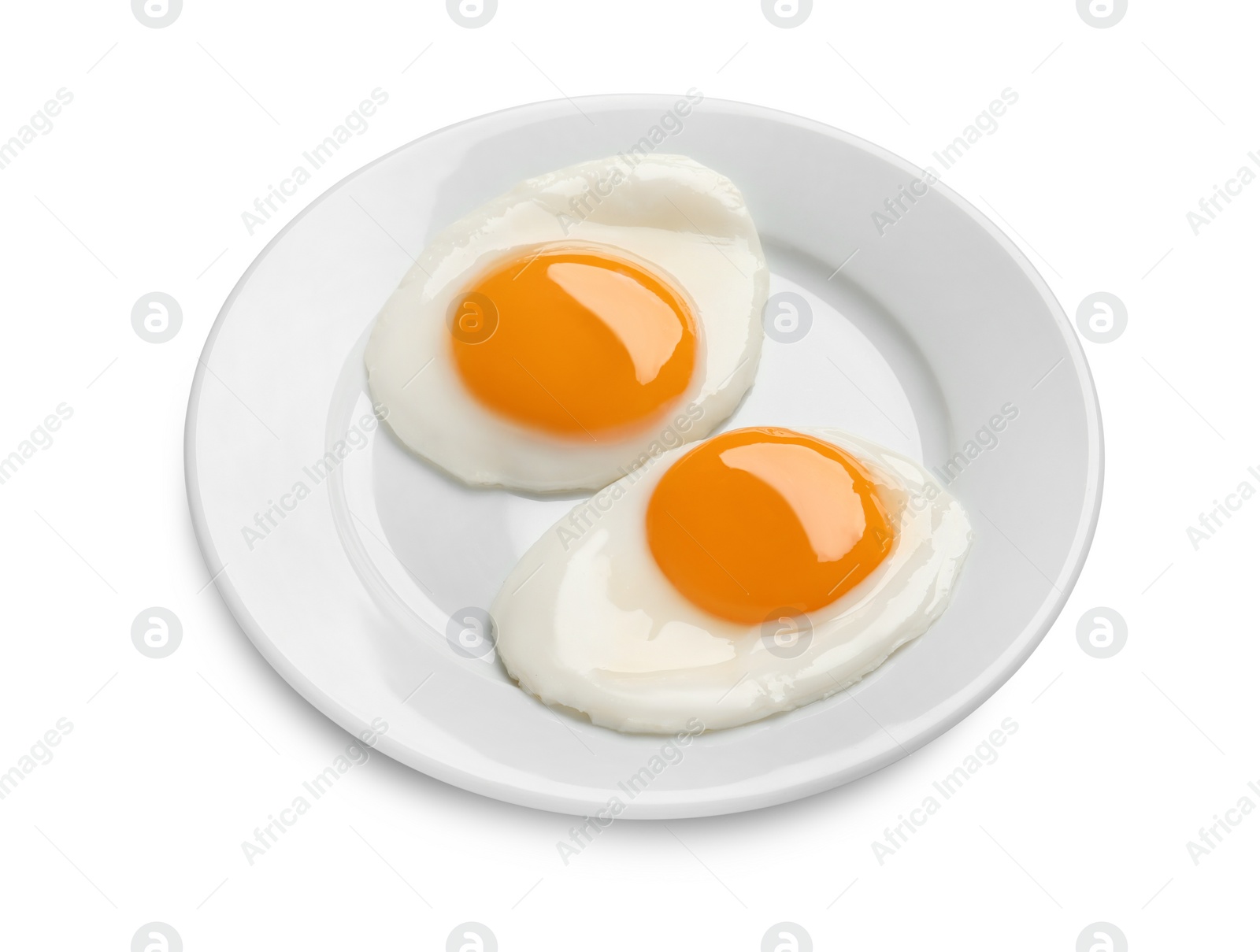 Photo of Plate with tasty fried eggs isolated on white