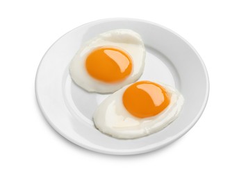 Plate with tasty fried eggs isolated on white
