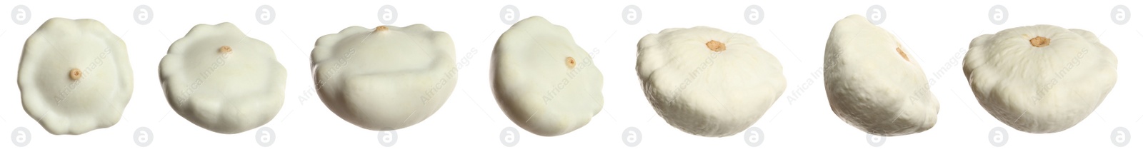Image of Set with fresh ripe pattypan squashes on white background. Banner design