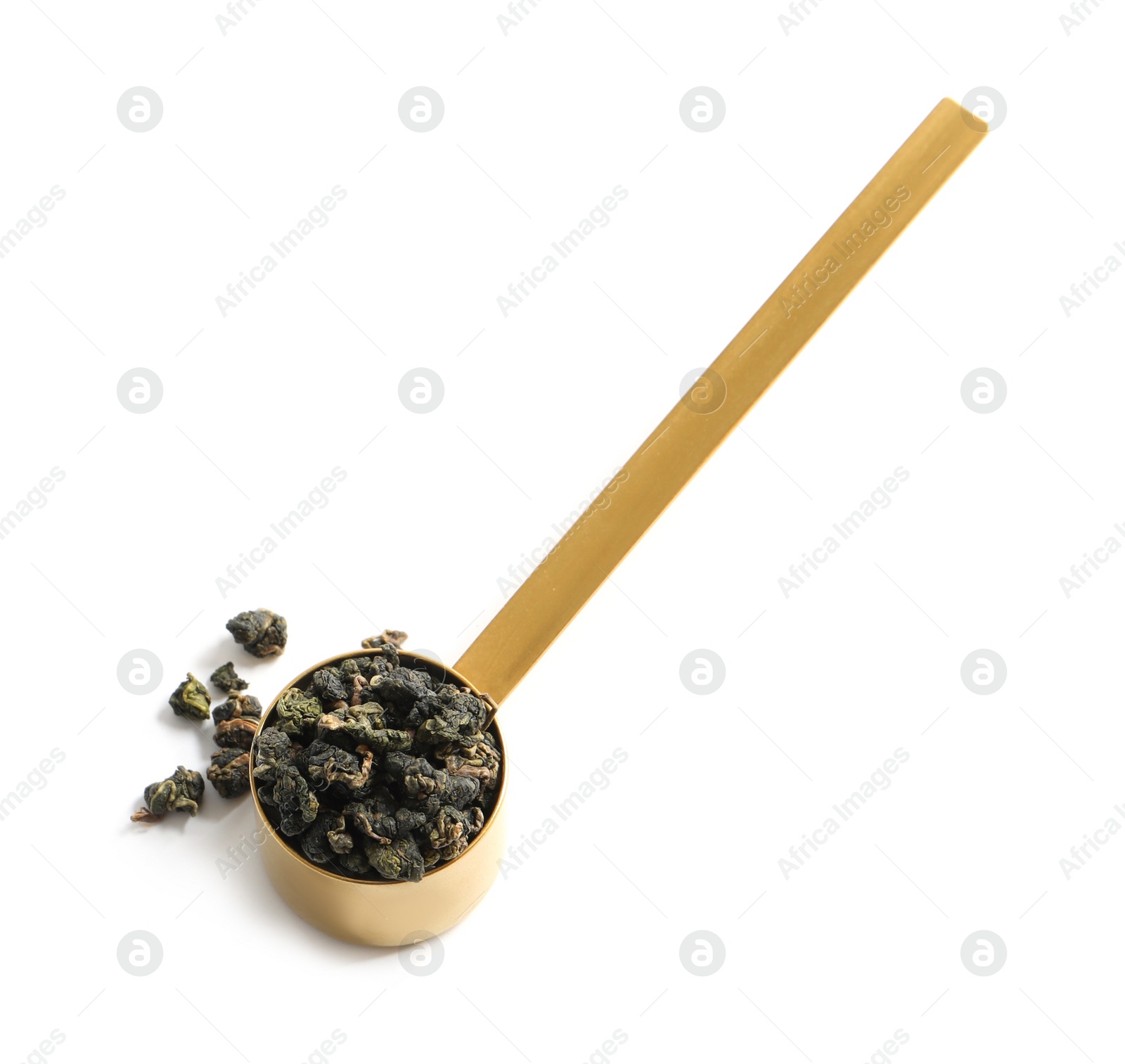 Photo of Scoop with Tie Guan Yin Oolong tea on white background