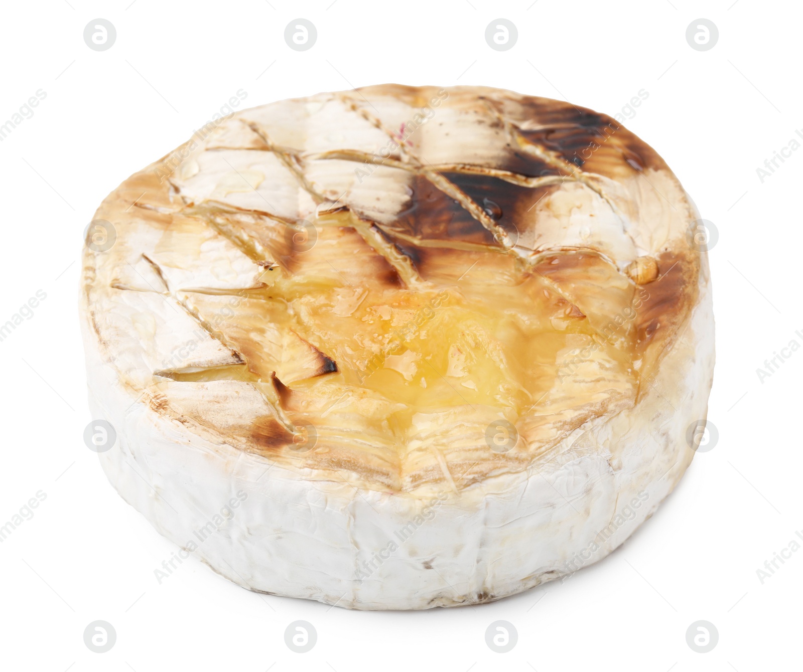 Photo of Tasty baked camembert with honey isolated on white