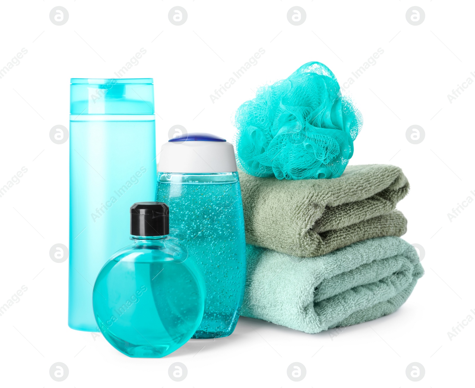 Photo of Personal hygiene products with towels and shower puff on white background