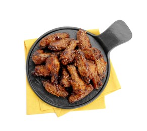 Photo of Tray with tasty roasted chicken wings isolated on white, top view