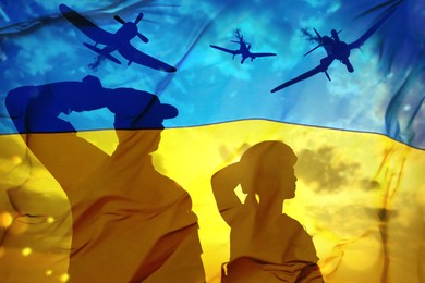 Image of Silhouettes of soldiers and Ukrainian national flag, double exposure