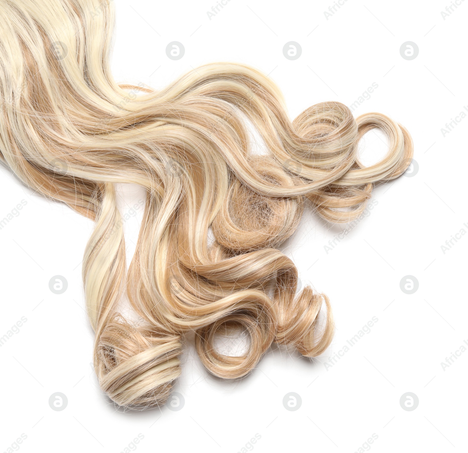 Photo of Beautiful blonde curly hair isolated on white, top view