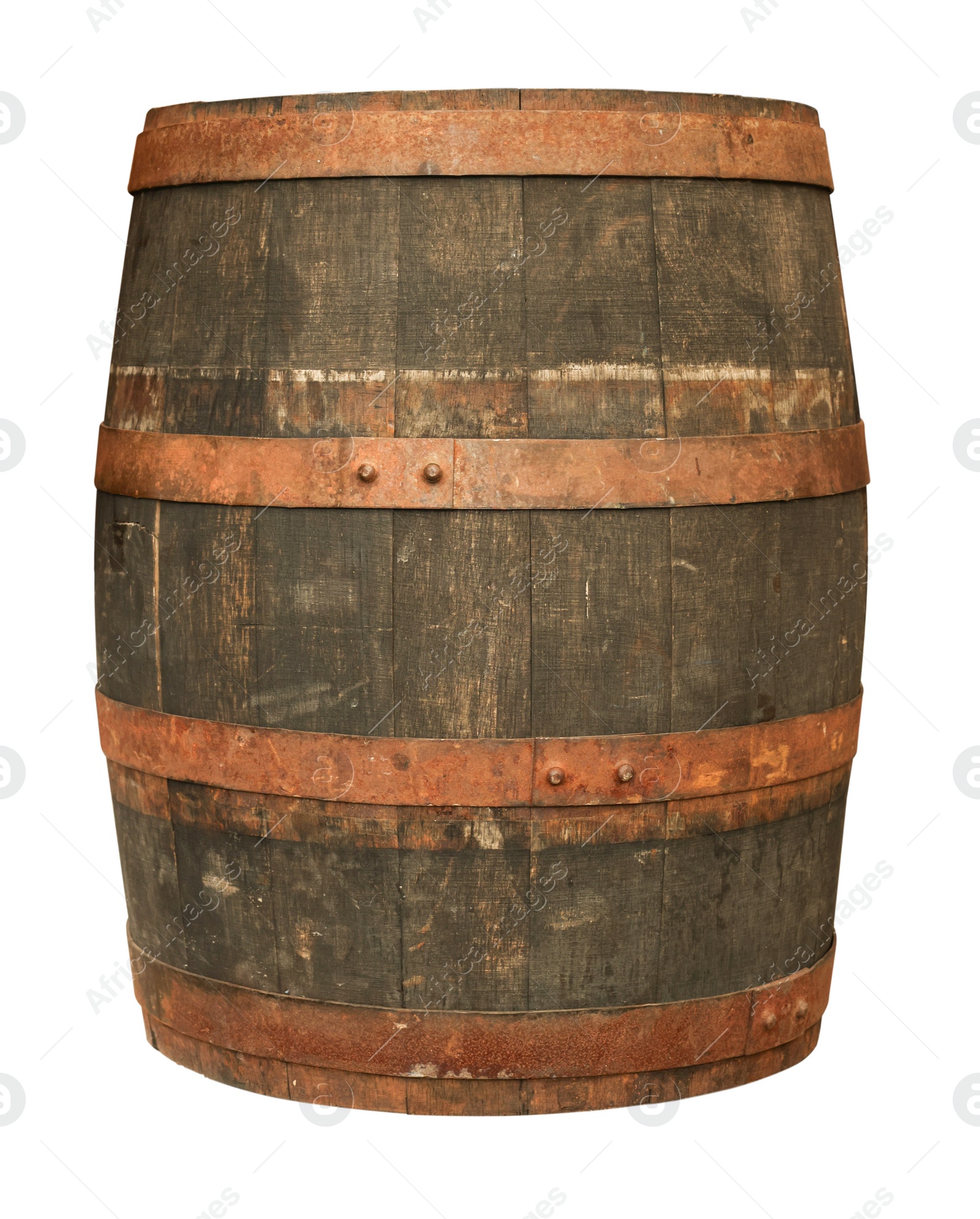 Image of One wooden barrel with metal hoops isolated on white