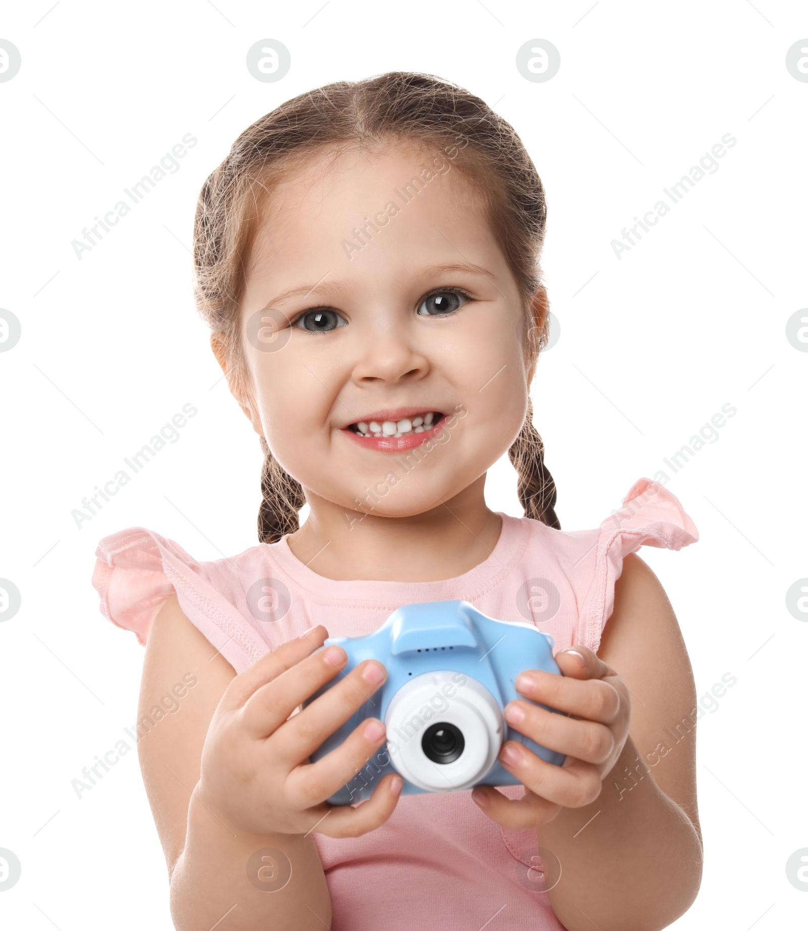 Photo of Little photographer with toy camera on white background