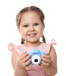 Little photographer with toy camera on white background