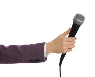 Professional journalist with microphone on white background, closeup