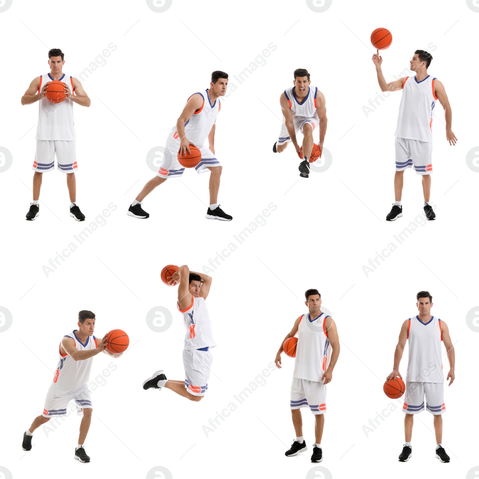 Image of Professional sportsman playing basketball on white background, collage