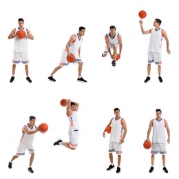 Image of Professional sportsman playing basketball on white background, collage