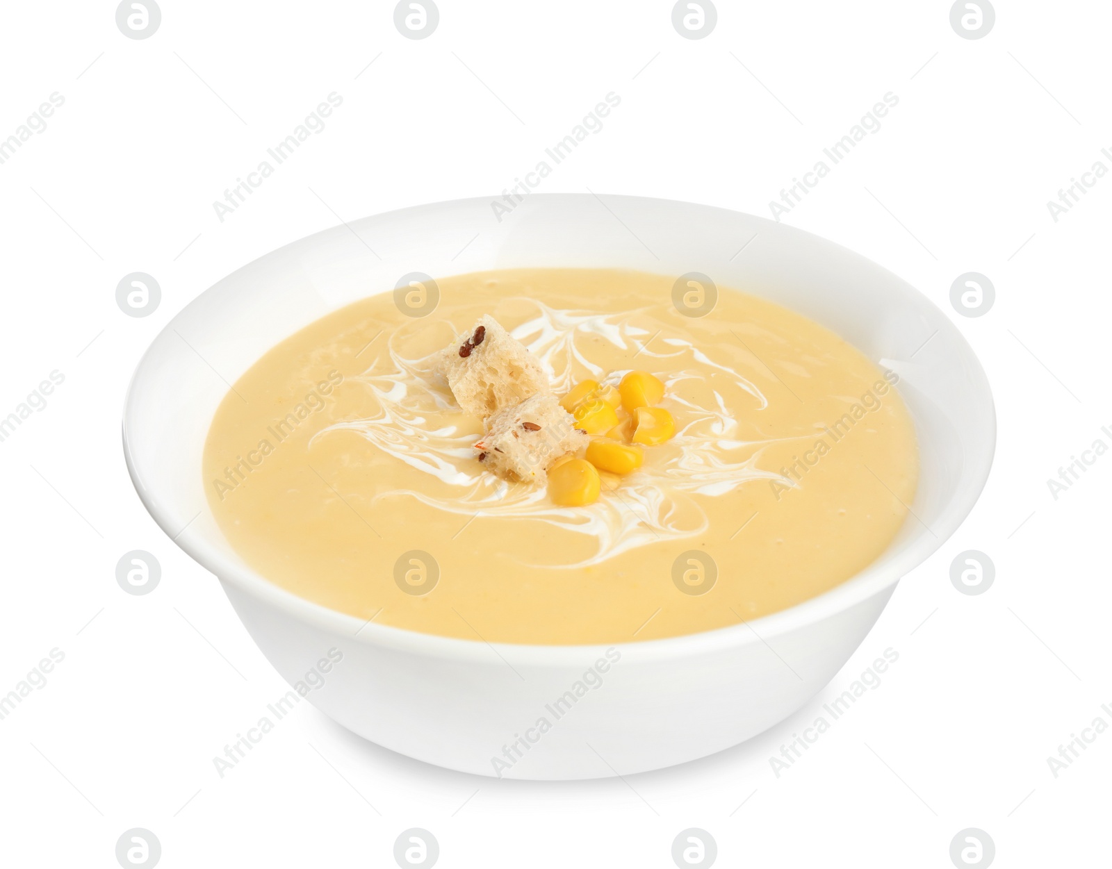 Photo of Delicious corn cream soup isolated on white