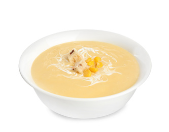 Photo of Delicious corn cream soup isolated on white