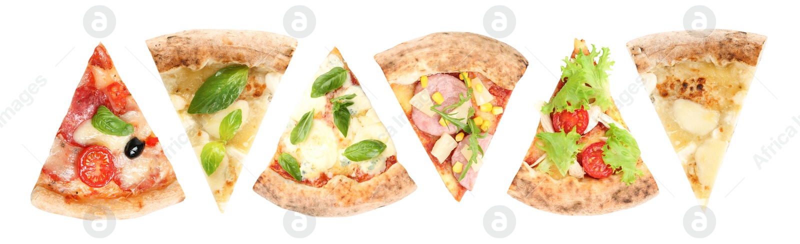 Image of Set with pieces of different pizzas on white background, top view. Banner design