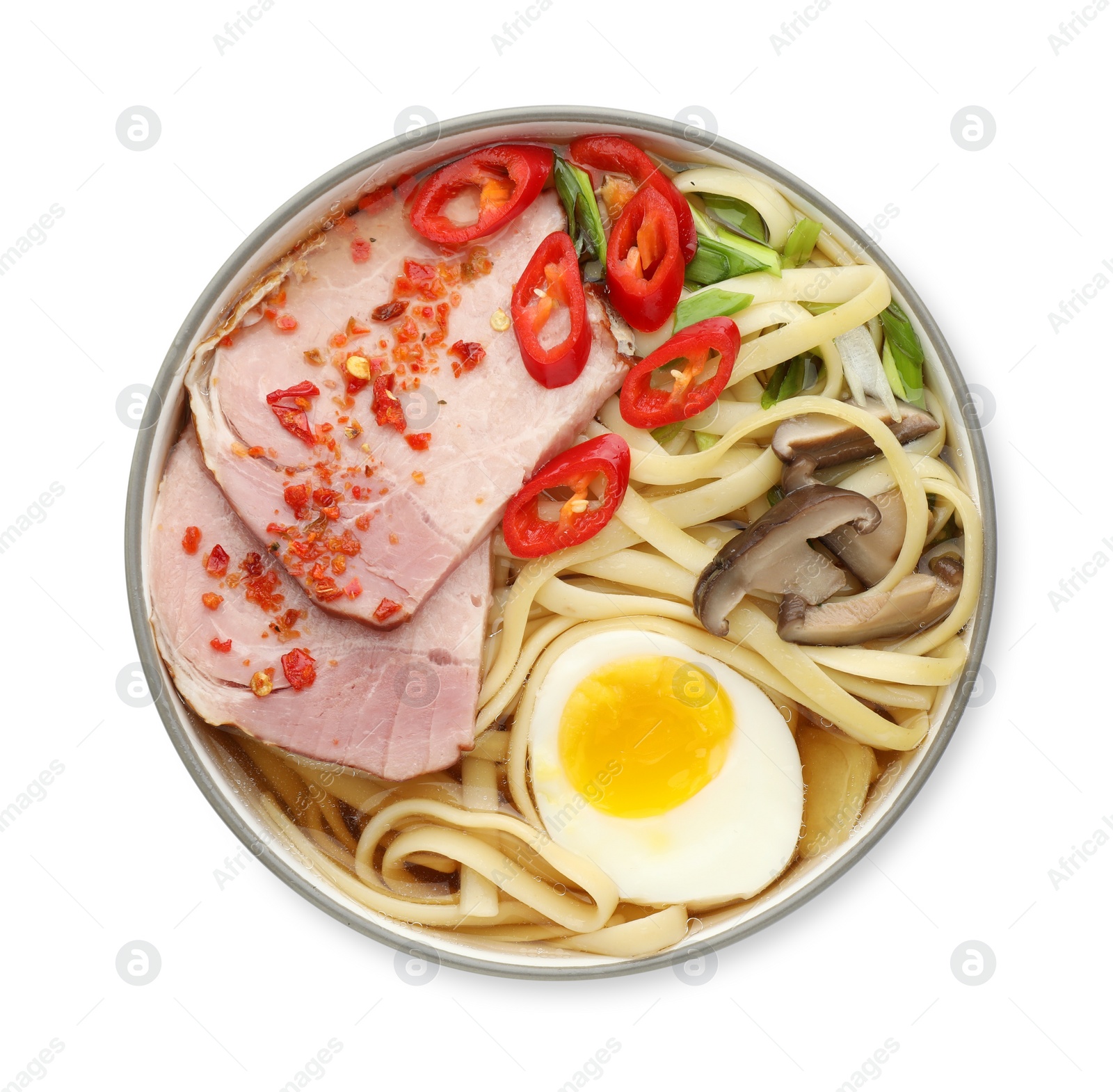 Photo of Delicious ramen in bowl isolated on white, top view. Noodle soup