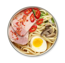 Photo of Delicious ramen in bowl isolated on white, top view. Noodle soup