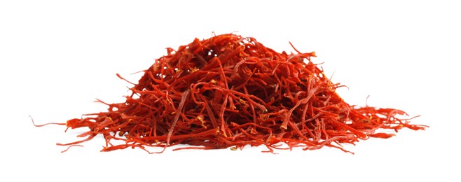 Photo of Pile of dried red saffron isolated on white