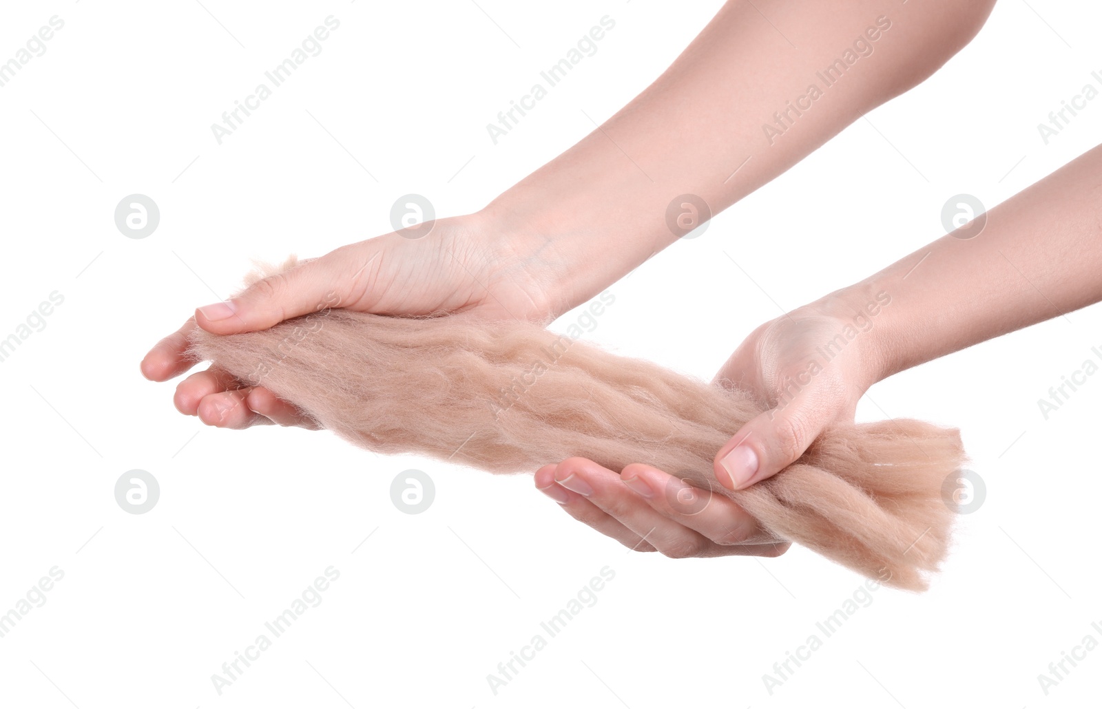 Photo of Woman holding beige felting wool on white background, closeup